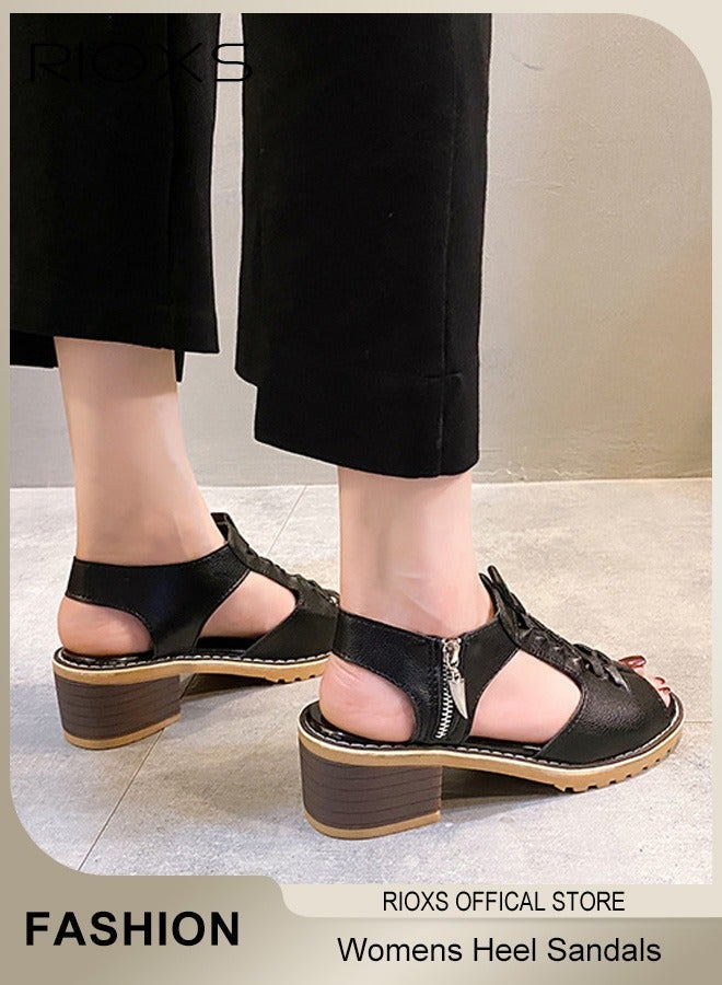 ريوكس صنادل الكعب للنساء، أحذية مضخة مقنعة للأصبع المفتوحة، الأزياء النسائية صنادل الكعب المكتنزة، أحذية رومانية مع سحابة جانبية، خفيفة الوزن مريح جلدي مجوف كتلة الصنادل الصيفية - Image 2